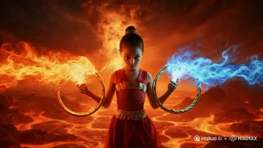 以运动镜头向前推进，聚焦一位仙侠女娃娃。跳起来，向后退去，步伐快速，身姿矫健。在流淌的熔岩之上跑动，周围环绕着炽热的火焰圆环。熔岩流经之处，火山喷发景象壮观，伴有震撼的音效，整体画面充满奇幻与力量感。 仙侠大电影风格，玄幻，古朴，孤独，高清 by Hailuo AI Video Generator