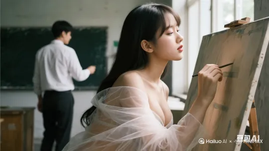 后边的男老师走过来，指导女生作画，女生回过头来和男老师接吻 by Hailuo AI Video Generator