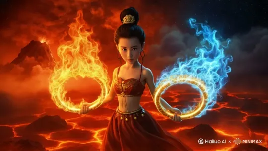 以运动镜头向前推进,聚焦一位仙侠女娃娃。跳起来,向后退去,步伐快速,身姿矫健。在流淌的熔岩之上跑动,周围环绕着炽热的火焰圆环。熔岩流经之处,火山喷发景象壮观,伴有震撼的音效,整体画面充满奇幻与力量感。 仙侠大电影风格,玄幻,古朴,孤独,高清 by Hailuo AI Video Generator