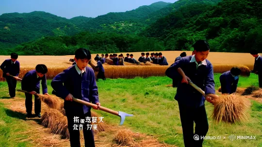 1970年代福州中学生上北峰分校劳动，砍柴，挑担，割麦。 by Hailuo AI Video Generator