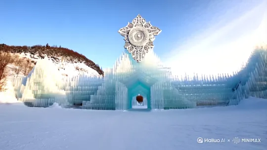 冰雪城坐落在皑皑白雪覆盖的山谷之中，仿佛一座从童话中走出的幻境。高耸的城墙由晶莹剔透的冰块砌成，在阳光下折射出璀璨的光芒，宛如镶嵌了无数颗钻石。城门上方悬挂着巨大的冰雕徽章，细腻的雕刻纹路清晰可见，彰显着这座城市的威严与神秘。走进城内，街道两旁是错落有致的冰屋，屋顶上覆盖着厚厚的积雪，烟囱里飘出缕缕炊烟。商铺的橱窗里摆满了精美的冰雕艺术品，从栩栩如生的动物到精致的花朵，每一件都堪称鬼斧神工。[推进,上升] by Hailuo AI Video Generator