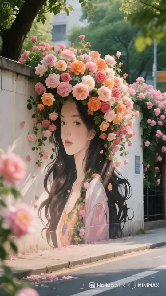 保持人物固定不动，花枝和花朵被风吹动摇摆，[左移,右摇,跟随] by Hailuo AI Video Generator