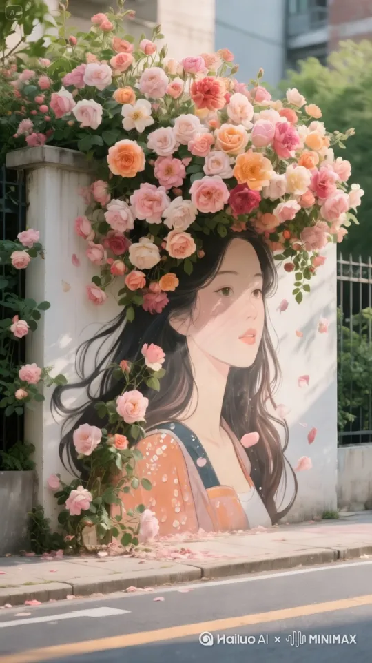 保持人物固定不动，花枝和花朵被风吹动摇摆，[左移,右摇,跟随] by Hailuo AI Video Generator