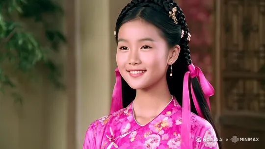 千金大小姐，冯程程造型，穿着修身长袖粉色碎花衣服，梳着长辫子，辫子下面有蝴蝶结，头发上有精致发夹，高细节，最好画质，精致完美的五官，微笑，半身照，动态角度，极致画质，最高精度，精确完美的人体结构，真实，超真实感，人像摄影，高质量，8K，超高清 by Hailuo AI Video Generator