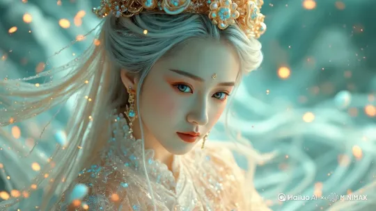 头发随风飞舞，环境里的星光上下浮动， by Hailuo AI Video Generator