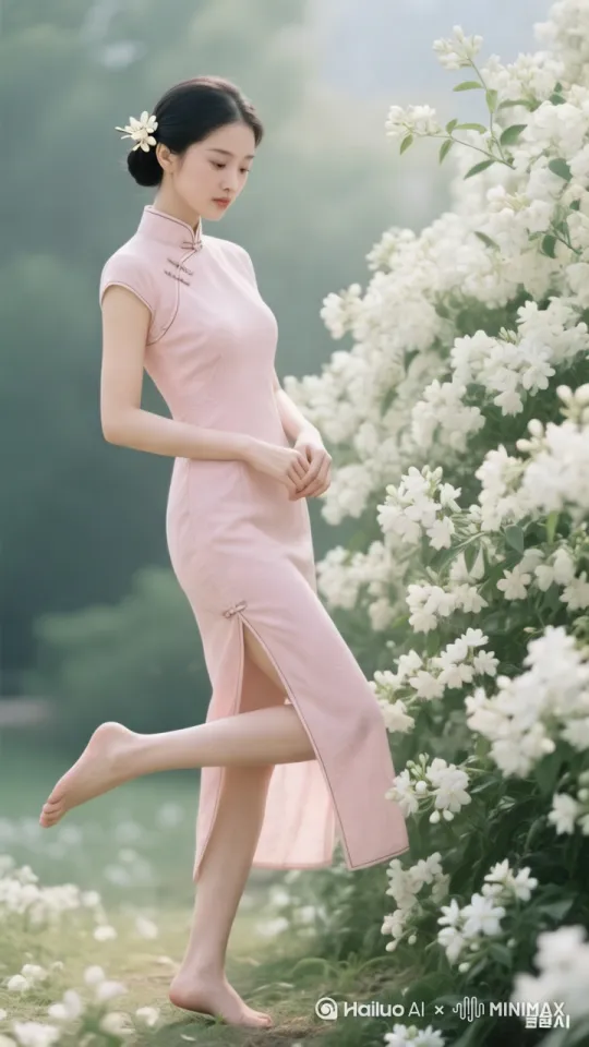 [左移,右摇,跟随]图片中女子翩翩起舞，动作优美自然。花瓣随风缓缓飘落。 by Hailuo AI Video Generator