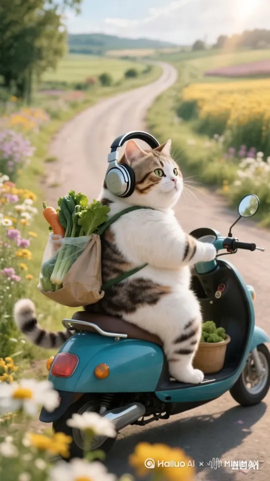 帮我生成一段视频:一只可爱的胖胖的小花猫戴着大耳机,在开满鲜花的圆形乡间小路上开电动车缓慢行走,阳光暖暖的照耀大地,坐小猫的侧面45度拍摄,4k超高清画质,小猫的毛发细腻光滑,小猫背后的背着蔬菜,买菜回家,自己做饭,电影质感,比例 9:16。 by Hailuo AI Video Generator