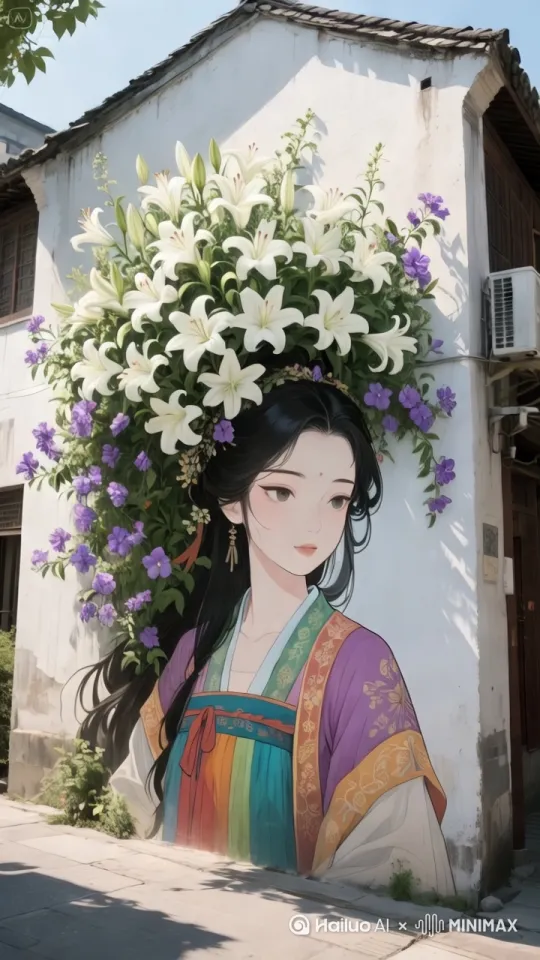 [推出,上升,下摇]画中美女固定不动，微风吹过，花朵大幅度飘动，画面丝滑。镜头围绕墙壁右聚焦。 by Hailuo AI Video Generator