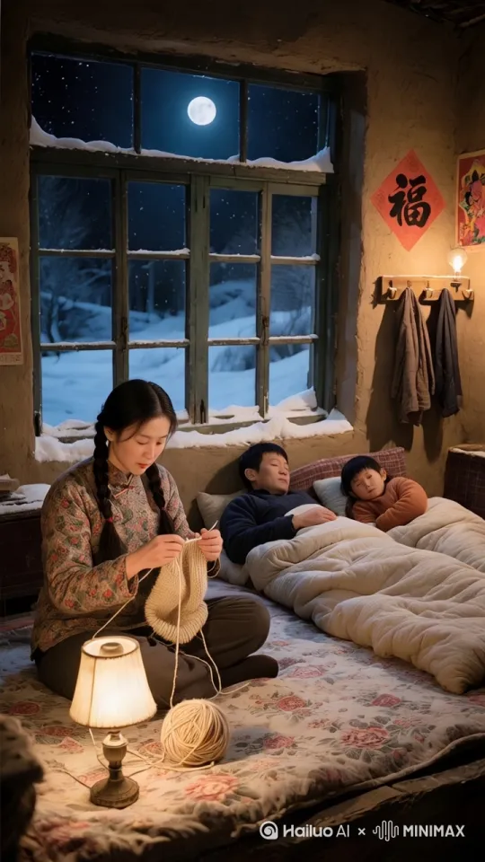 固定机位镜头，屋外窗外正在下着特大暴雪纷飞，屋子里面炕上大人和孩子正在睡觉，左侧女子正在认真的织毛衣。 by Hailuo AI Video Generator