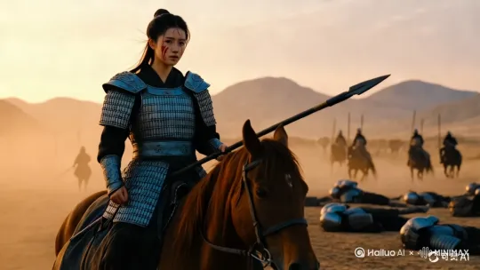 女战士骑着战马缓慢走来，背景的士兵也要缓慢移动，背后的黄沙向上飘 by Hailuo AI Video Generator