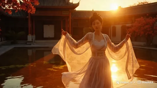 白色汉服少女在恭亲王府福池边跳舞，手机围绕她旋转，衣袖摆起时，斜阳透过，映出非常美妙的景象。 by Hailuo AI Video Generator
