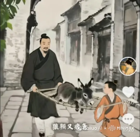 ′父亲和儿子抬着驴，古风彩色水墨画写实风格[左移,推进,右摇] by Hailuo AI Video Generator