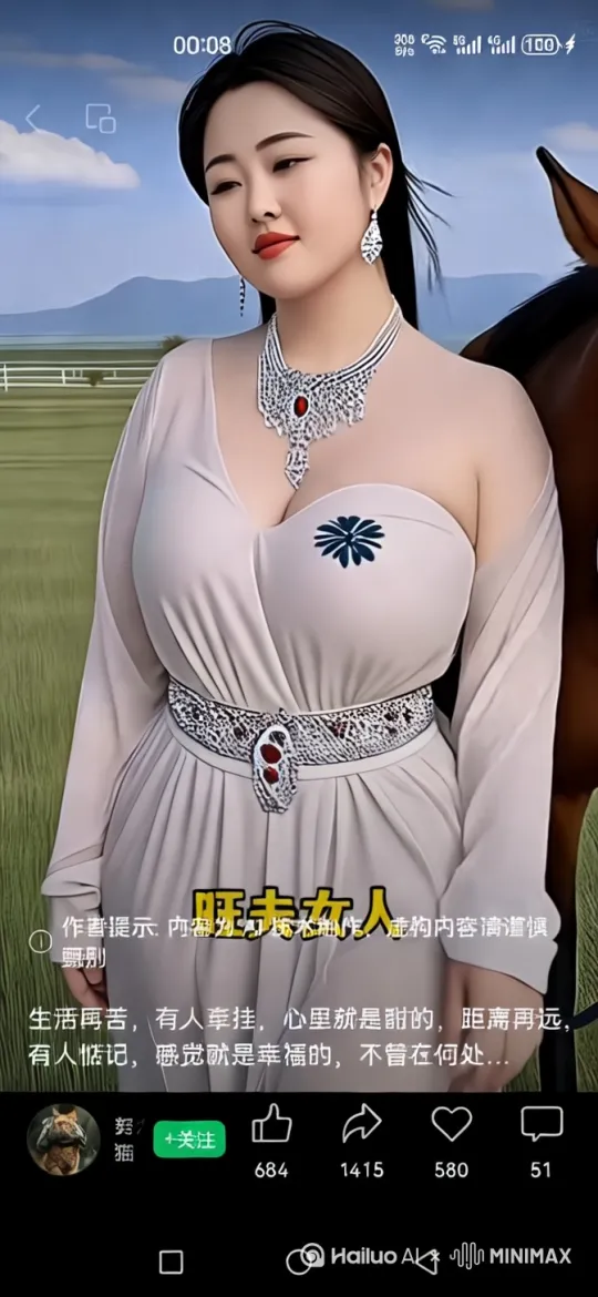 `这位美女转身牵着一匹俊马，微笑着翻身上马，含情向我挥手，美极啦！ by Hailuo AI Video Generator