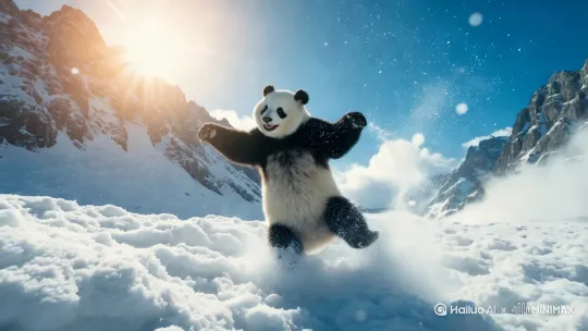 戴着太阳镜的毛茸茸的熊猫在日出时的雪山顶上跳舞，左移运镜 by Hailuo AI Video Generator