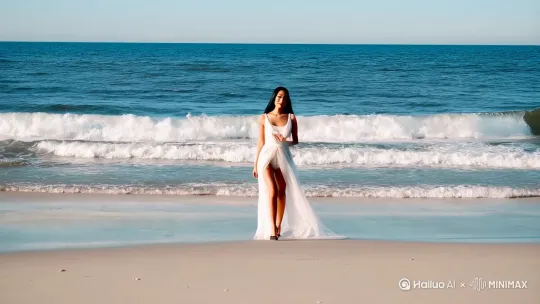 大海，浪花，沙滩，一个美女，黑色长发，蜂腰，翘臀，大长腿，白色纱裙，踏浪而行，回眸一笑。[左移,跟随] by Hailuo AI Video Generator