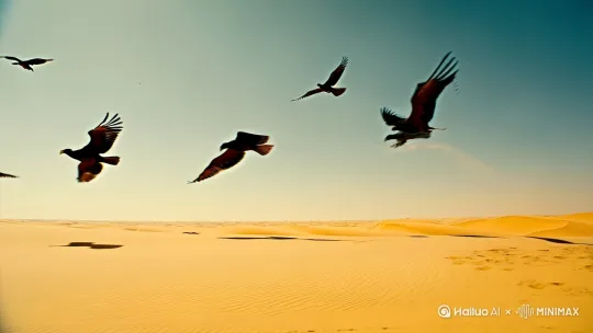 大漠中一群雕在空中盘旋，
侠客骑在马上在大漠中飞奔，
突然从马背上飞起身来，
拿弓箭射向飞雕，
一箭双雕 by Hailuo AI Video Generator