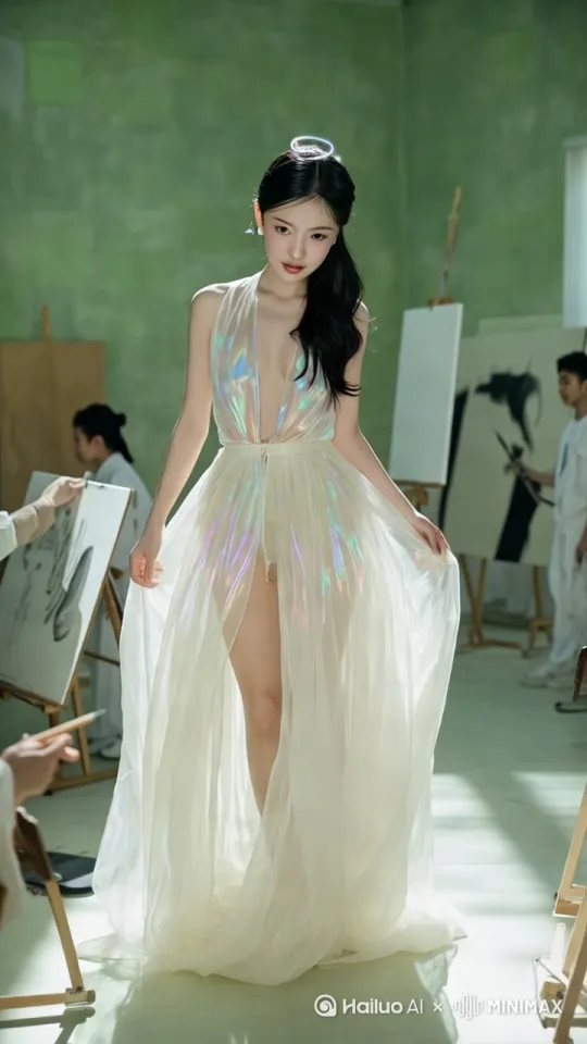给绘画课结束，老师上前拥抱亲吻模特，以表示鼓励，模特热情回吻 by Hailuo AI Video Generator