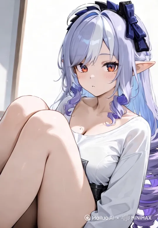 [Subject] (1.3 weight) Elf-eared anime girl sitting with knees bent, gradient lilac-blue hair (black ribbon bun), orange-red eyes with chromatic aberration, blush cheeks, white chiffon top (0.2 breathing folds), leg fabric gravity draping against white backlight (HSL +15%).
[Dynamics]

Hair: 0.7s sine wave motion (0.5 tip sway) + ribbon 0.9s easing
Bio: iris micro-movements (0.3s interval) + natural blinking (4.5s/0.15s closure)
Cloth: chest-line 1.2s breathing (delta_mesh 0.8) + sitting fabric simulation
FX: airborne dust (0.3 density/radial drift) + bokeh (4500K/0.7 intensity)
[Tech] --c8 (joint limit) --loop3 (loop optimization) --layers[character/light/particles] --60fps@2K --blend_shape+5 --quality9 by Hailuo AI Video Generator
