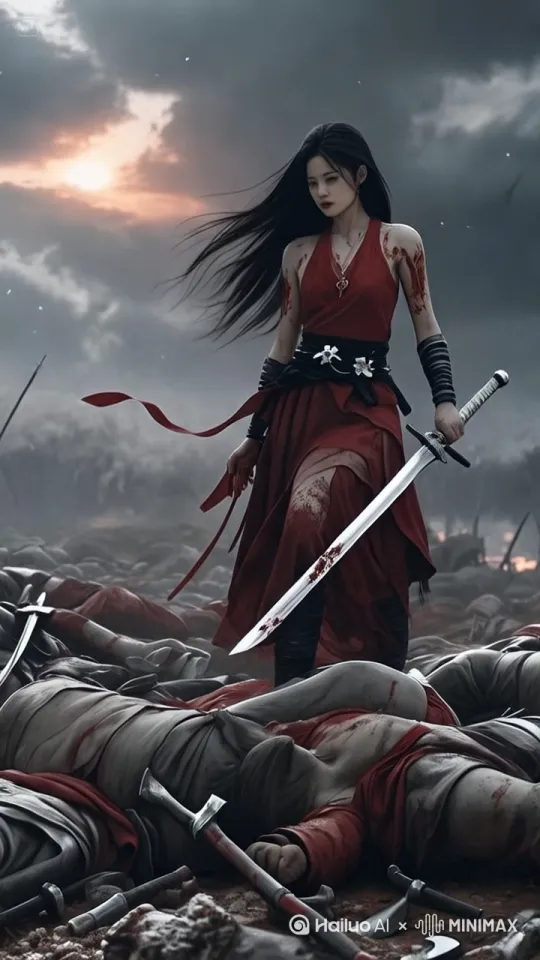人物力竭，跪在地上，头发飘动，[推出,上升,下摇]云彩缓慢流动，夕阳的阳光照在战场上 by Hailuo AI Video Generator