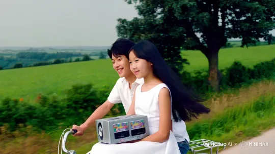 1980年代，乡间小路上，一个帅小伙骑着自行车，后面坐着一个年轻漂亮的姑娘，黑色长发，白色连衣裙，左手提着银灰色的双卡录音机，播放流行歌曲，回眸一笑。[左移,跟随] by Hailuo AI Video Generator