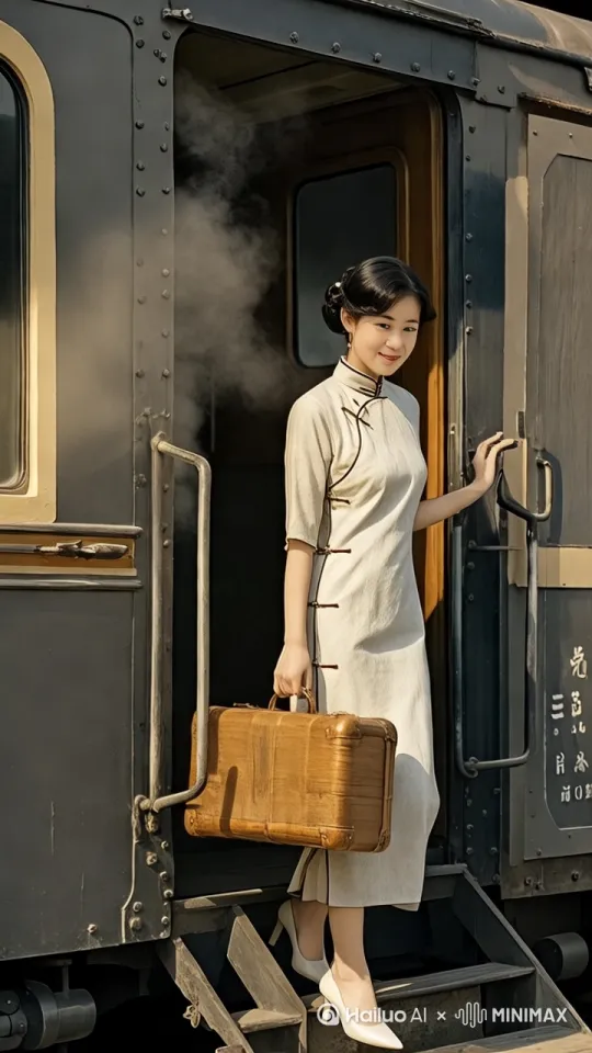 一位身着素雅旗袍、盘发精致的年轻女子正在下车，[左移,推进,右摇]提着行旅箱行走，[右移,跟随] by Hailuo AI Video Generator