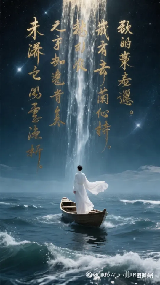九天银河之上金银色的诗词的字符像瀑布一样倒挂而下，在海面上激起层屋浪花，一叶轻舟上站一位白衣男子，白衣随风飘动，正面轻舟随镜头，快速推向前推进比例 9:16。 by Hailuo AI Video Generator