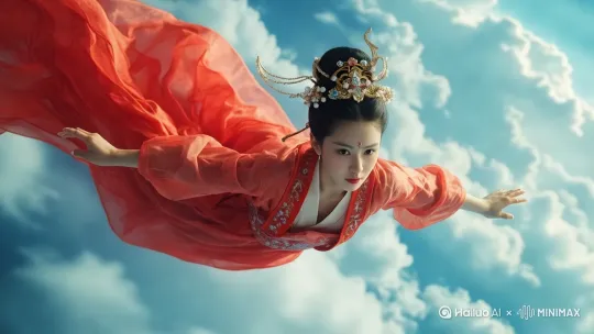 身姿曼妙的古装美女，身着一袭绯红色的锦缎长裙，裙摆随风翻卷，恰似流霞飞舞。她头戴精致凤冠，步摇上的明珠在阳光下闪烁生辉。此刻，她于广袤无垠的蓝天白云之间，呈俯冲姿态急速而下。她身姿轻盈矫健，恰似飞燕掠空，眼神专注锐利，直视下方。那湛蓝如宝石的天空与洁白似棉絮的云朵迅速从她身旁掠过，仿佛在为她的英姿让路，整个画面充满了灵动与震撼之感，32K 高清画质。 by Hailuo AI Video Generator