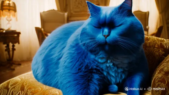 一只非常胖蓝色的猫在吃麦当劳。 by Hailuo AI Video Generator