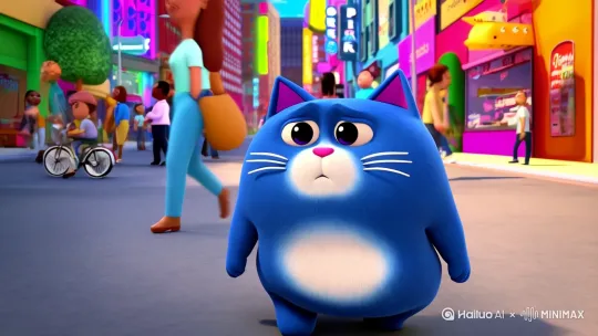 卡通版蓝色胖猫忧郁的走在繁华街道上 by Hailuo AI Video Generator