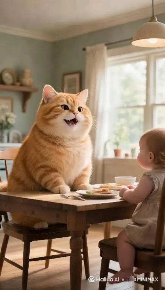 （猫）端坐在椅子上，目光紧紧锁住宝宝面前盘子里的食物。先是微微舔了舔嘴唇，耳朵竖起，脑袋好奇地往前探。 接着，轻轻用爪子拍拍桌面，发出 “笃笃” 声，试图引起宝宝注意。 见宝宝看过来，便 “喵呜喵呜” 轻柔叫唤，像是在商量分享。 又伸出一只爪子，小心指向食物，眼神满是期待。 宝宝若有所动，我便兴奋地摇摇尾巴，眼睛亮闪闪的。要是宝宝递来一点食物，我会先嗅一嗅，再小心叼起，慢慢咀嚼，吃完还不忘用爪子擦擦嘴，和宝宝继续温馨对视。 by Hailuo AI Video Generator
