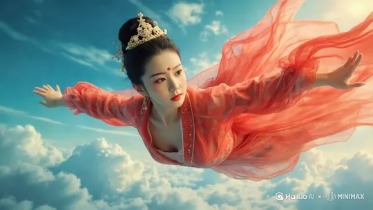 身姿曼妙的古装美女，身着一袭绯红色的锦缎长裙，裙摆随风翻卷，恰似流霞飞舞。她头戴精致凤冠，步摇上的明珠在阳光下闪烁生辉。此刻，她于广袤无垠的蓝天白云之间，呈俯冲姿态急速而下。她身姿轻盈矫健，恰似飞燕掠空，眼神专注锐利，直视下方。那湛蓝如宝石的天空与洁白似棉絮的云朵迅速从她身旁掠过，仿佛在为她的英姿让路，整个画面充满了灵动与震撼之感，32K 高清画质。 by Hailuo AI Video Generator