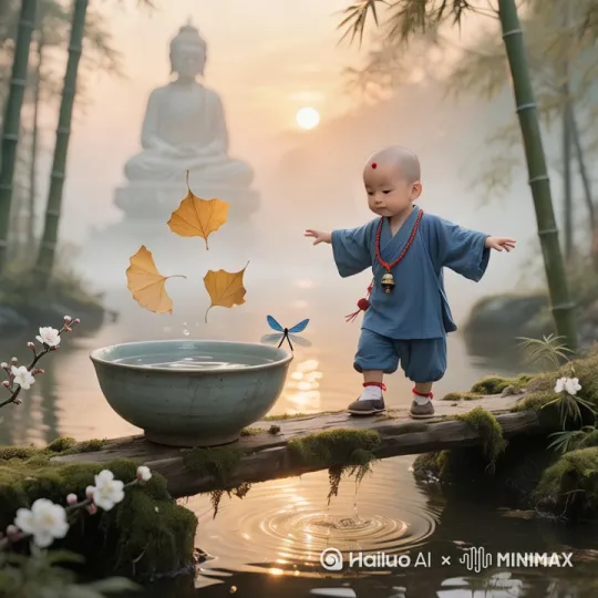 图中小和尚跑起来，使出蜻蜓点水的功夫。从碗上面跑过去，镜头全程跟着小和尚 by Hailuo AI Video Generator