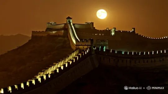 青铜色满月下长城的极远景镜头，秦朝瞭望塔与汉朝堡垒全息重叠，张艺谋式对称构图，清冷玉色月光对比石砖上温暖的火炬光芒，超精细8K风化纹理 —— 画面纵横比2:1[左移,右摇,跟随] by Hailuo AI Video Generator