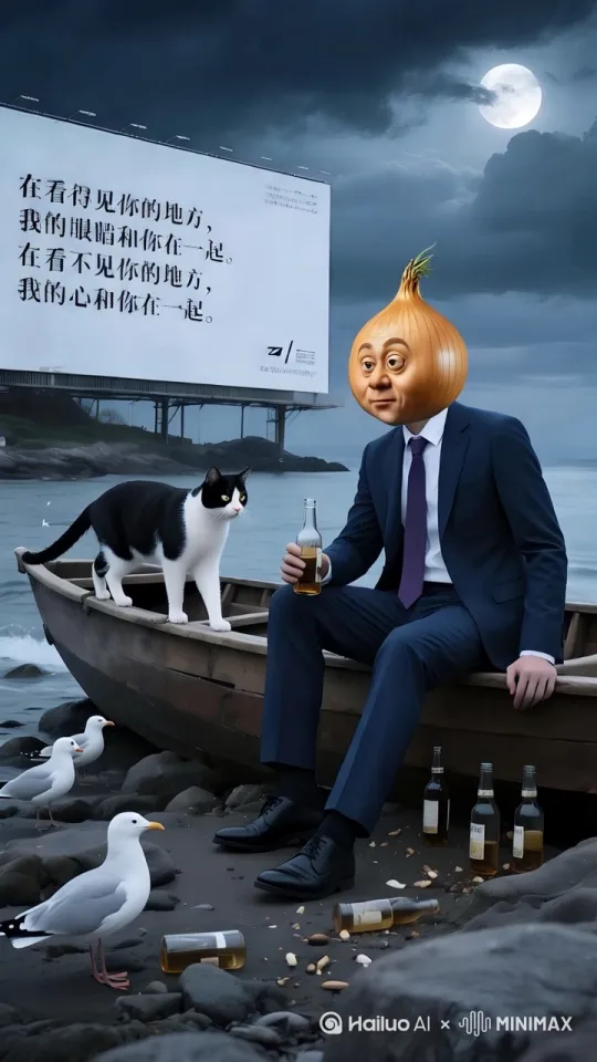 洋葱头男人单手拿着酒瓶，仰头喝一口，随即回到最初姿势，同时脸上露出笑容。猫咪在旁边走动，鸟儿在地上蹦跳，海水泛起涟漪。 by Hailuo AI Video Generator