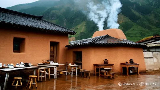 以下是能生成类似风格画面的AI提示词：
画面主体是一处山间小院，土坯房搭配黑瓦屋顶，烟囱正冒出袅袅炊烟。院中有木桌木凳，摆放着茶具 ，周围是郁郁葱葱的菜园，种着各类蔬菜，色彩鲜亮。一棵果树果实累累，枝桠伸展。几件衣物晾晒在绳上。细雨洒落，地面湿润反光，远处山峦云雾缭绕，呈现出静谧、清新的乡村雨景氛围。[左摇] by Hailuo AI Video Generator