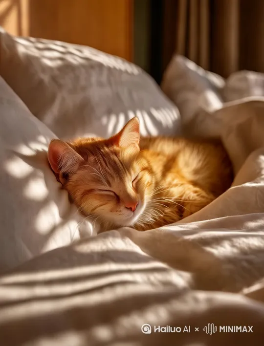 一只熟睡的小猫，温暖的阳光照射在舒适的床上，小猫慵懒地伸懒腰 by Hailuo AI Video Generator