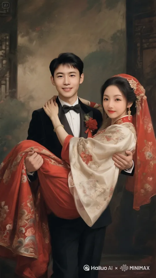 💥高甜来袭！帅气西装男主，怀抱绝美中式新娘，浪漫现身！落地即刻，唇间相触，深情拥吻，甜蜜氛围拉满。紧接着，二人十指紧扣，爱意如炽。
 
💨下一秒，原地瞬间起飞，笔直冲向天空！以风驰电掣之速，直线翱翔。脚下红、绿、黄、蓝、粉五彩直线状烟雾，拖出长长的绚丽尾迹，划破天际。
 
☁️在 9:16 高清镜头下，蓝天白云如诗如画，白云似海汹涌。他们向着苍穹无畏飞行，似要冲破天际，于浩渺天地间，镌刻只属于彼此的浪漫传奇！ by Hailuo AI Video Generator