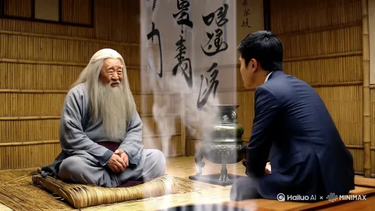 水墨风竹林茶室内，年迈的老子白发白须身穿战国时期楚国衣服盘坐蒲团，神态慈祥，对面西装青年进行缓缓讲述道德经真谛。氤氲茶雾中悬浮着《道德经》篆文，案头青铜香炉升起数字化青烟。 by Hailuo AI Video Generator