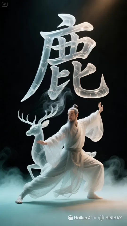 一名武者在演示五禽戏中的鹿戏“需双足立正，回头顾盼两次，然后左脚右伸一次、右脚左伸一次”，动作多样，背景中的字与衣服的顔色随着武者的动作变化，腿部与字体变化过程自然流畅，不要发生变形，运动幅度：自动  时长5秒 by Hailuo AI Video Generator