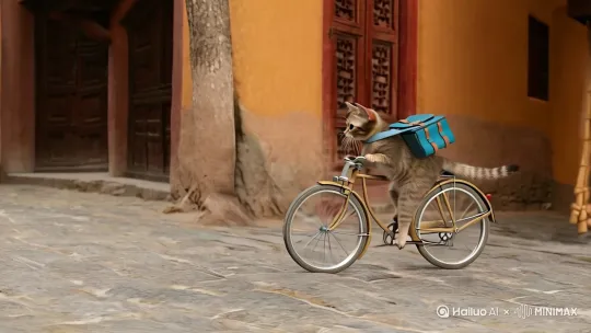 一只小猫背旅游包骑单车旅行在古街上 by Hailuo AI Video Generator
