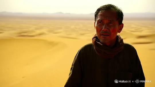 《沙海之眼》

烈日炙烤着无边的黄沙，林默抬手抹去额头的汗水，眯起眼睛望向远处起伏的沙丘。作为地质学家，他见过无数险峻的地貌，但塔克拉玛干的广袤与严酷仍让他心生敬畏。

"林教授，前面就是'魔鬼弯'了，我们必须在天黑前穿过那片区域。"向导阿迪力牵着头驼走过来，黝黑的脸上布满风霜的痕迹。

林默点点头，转身看向身后的队伍。摄影师苏雅正调整着她的相机，两名当地助手在检查物资。这支五人小队已经深入沙漠七天，为的是寻找传说中的"沙海之眼"——一个据说会移动的神秘绿洲。

"所有人检查装备和水源，十分钟后出发。"林默下达指令，声音在干燥的空气中显得格外清晰。

队伍继续前行，沙粒在脚下发出细微的摩擦声。林默注意到西边的天空开始泛黄，心头掠过一丝不安。阿迪力也停下脚步，皱起眉头："要变天了。"

几乎是在阿迪力话音落下的同时，远处的天际线突然升起一道黄色的沙墙，以惊人的速度向他们逼近。

"沙尘暴！快找掩体！"林默大喊，但狂风已经呼啸而至，裹挟着沙粒抽打在脸上，如同无数细小的刀片。世界在瞬间变成了混沌的黄色，能见度骤降至零。

林默本能地扑向最近的驼队，却只抓到一把散落的缰绳。他感到有人撞在他身上，是苏雅。摄影师死死抓住他的手臂，嘴唇在风沙中一张一合，但声音完全被风暴吞没。

"抓紧我！"林默用口型示意，两人匍匐着向记忆中一块岩石的方向移动。沙粒钻进衣领、袖口，灼烧着每一寸裸露的皮肤。林默感到呼吸困难，每一次吸气都像是吸入了一把火。 by Hailuo AI Video Generator