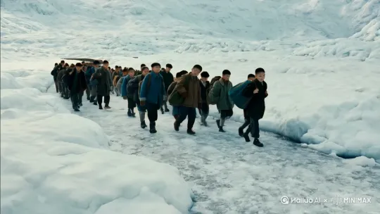 1937年一群中国山东的中学生为了躲避战火，开始南迁。他们排成两排，背着行囊，卧冰踏雪，开始艰难的行程[推进,上升] by Hailuo AI Video Generator