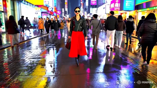 一位时尚女性走在充满温暖霓虹灯和动画城市标牌的上海街道上。她穿着黑色皮夹克、红色长裙和黑色靴子，拎着黑色钱包。她戴着太阳镜，涂着红色口红。她走路自信又随意。街道潮湿且反光，在彩色灯光的照射下形成镜面效果。许多行人走来走去。[推出,上升,下摇] by Hailuo AI Video Generator