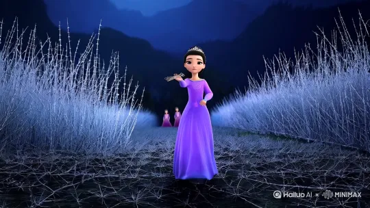 勾勒的夜色中，紫衣小公主踮脚站在荆棘栅栏前，手持发卡映着月光。远处六位姐姐的身影虚化处理，突出紫儿娇小坚定的背影。  
*题字：* "紫儿献上最珍爱的发卡，荆棘为温柔让路。" by Hailuo AI Video Generator