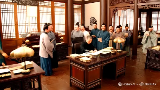 宋代官府里[变焦推进]，[右移,左摇,跟随]。[推出,上升,下摇]。写实风格。超高清。[左移,上升]帮我生成一个视频：用中文字幕
|镜号|景别|画面内容|时长|台词/旁白|音乐/音效|拍摄地点|
|---|---|---|---|---|---|---|
|1|全景|古代衙门办公室，屋内光线明亮，范仲淹伏案认真批文件，一群下属排着队，脸上带着谄媚的笑，不时凑上前说着奉承话|5s|画外音（吐槽腔）：“北宋杭州职场哪家强？范仲淹手下卷成狼！但有个哥们儿常年出差在外——他，就是今天的主角：苏·没后台·麟！”|古筝版《卡农》渐入，夹杂轻微的纸张翻动声和下属们的低语声|仿古衙门场景|
|2|中景|苏麟骑着马，风尘仆仆地狂奔回城，头发被风吹得凌乱，脸上带着焦急又期待的神情，抵达后下马迅速从怀中掏出写满字的纸张，像现代的手写PPT|6s|配音（rap节奏）：“别人打卡我巡山，同事升职我吃酸，灵机一动写诗谏——近水楼台先得月，向阳花木早逢春！”|马蹄声、风声，rap节奏音乐起|城外道路、城内街道|
|3|特写|苏麟手中纸张上的诗句，镜头扫过文字，随后画面切换成微信对话框发送诗句表情包的特效|3s|无|轻微的特效音效|无|
|4|近景|范仲淹原本低着头批文件，突然猛地拍案而起，脸上露出惊讶又了然的表情，头顶亮起灯泡特效|4s|画外音（播音腔混搭电音）：“好家伙！领导秒懂潜台词：楼台近水先蹭光，花木朝阳早发芽？这哪是写诗啊，这是当代职场《论地理位置决定升职速度》啊！”|拍案声，电音特效音|仿古衙门办公室|
|5|弹幕特效画面|画面中充满“古代凡尔赛文学冠军！”等弹幕飘过，背景虚化|3s|无|轻松的电子音效|无|
|6|特写|《增广贤文》书页缓缓翻动，上面“近水楼台先得月，向阳花木早逢春”的文字清晰可见，随后画面出现“学废了”弹幕|5s|配音（鬼畜加速）：“从此江湖流传：想加薪要离老板近！原句‘易为春’变‘早逢春’，打工人集体共鸣——早起的社畜有虫吃，近老板的工位有肉分！”|书页翻动声，鬼畜音效|无|
|7|动画画面|呈现办公室座位鄙视链动画，离老板近的座位标着“VIP”等字样，远的座位标着“冷宫”等|4s|无|轻快的动画音效|无|
|8|全景|现代写字楼内，光线明亮，一位打工妹抱着盆栽，小心翼翼地将盆栽挪到窗边，脸上带着狡黠的笑容|5s|画外音（贱萌语气）：“下回见老板记得带盆向日葵，大声朗诵：领导你看我这花啊~~它想逢春呐！”|音乐渐弱，夹杂轻微的脚步声|现代写字楼办公区|
|9|特写|屏幕上炸开“关注收获古人摸鱼智慧”花字|3s|无|特效炸开音效|无|

。比例 9:16。[左移,上升] by Hailuo AI Video Generator