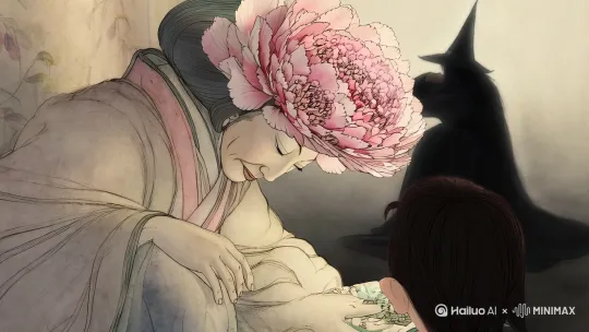 ：* 水墨晕染的牡丹精灵垂首与紫儿对视，花瓣组成的老者面容慈祥。背景留白处隐约显出女巫阴影。  
*题字：* "「只有宽容能化解仇恨」花精灵在她掌心写下露珠字迹" by Hailuo AI Video Generator