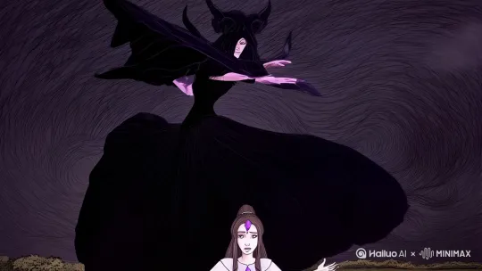 狂草笔触描绘黑袍女巫的怒火，紫儿张开双臂挡在姐姐们前方，紫水晶发卡绽放柔光形成屏障。  
*题字：* "当黑暗袭来时，最小的公主站成了彩虹的支点" by Hailuo AI Video Generator