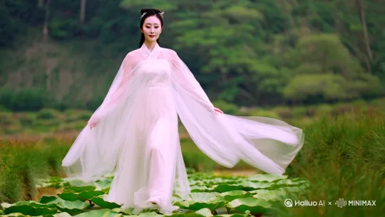 一个身穿白色透明纱裙的东方女子面容精致，五官比例协调，从远处走来，一步一莲花， by Hailuo AI Video Generator