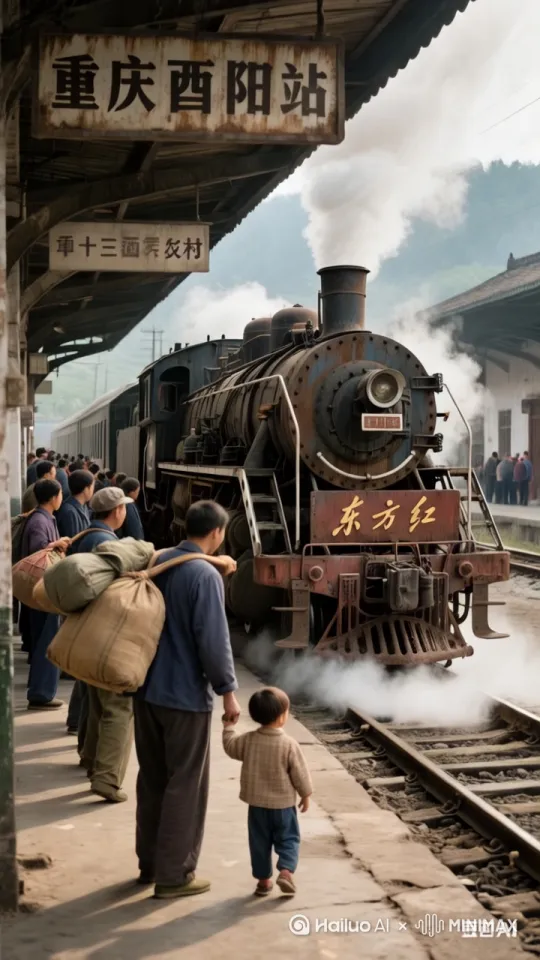 火火车缓缓开出站台。人物神情自然。全景向左运镜移动 by Hailuo AI Video Generator