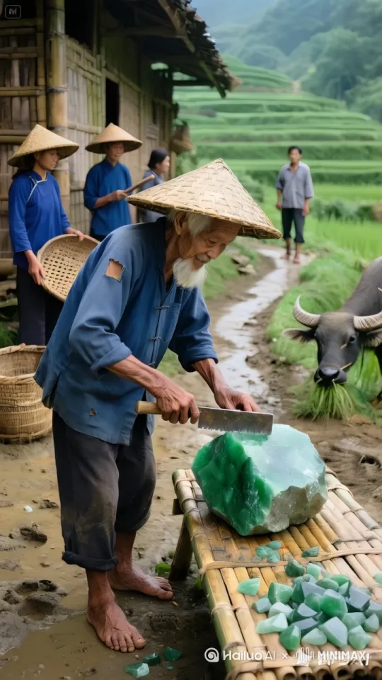 镜头移动,动态跟随,图中老爷爷左手按住宝石,右手用刻刀小心翼翼地不停上下左右雕琢玉石,玉石在他的精雕细琢下,慢慢从玉石中间像种子发芽般生长出单片娃娃菜菜叶,菜叶新鲜碧绿,纹理清晰,随着老爷爷的不停雕琢,菜叶越长越大,越长越旺盛可爱极了,写实菜叶白绿相间造型,慢镜头特写菜叶生长的过程。老爷爷自信微笑,围观群众拍手鼓掌! by Hailuo AI Video Generator